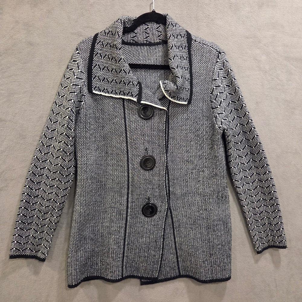 Wool Blend Geometric Knit Cardigan Coat Women Large Mod Retro Office Classic